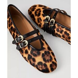 ANN TAYLOR Buckled Calf Hair Leopard Animal Print Ballet Flats 8M Brown Leather